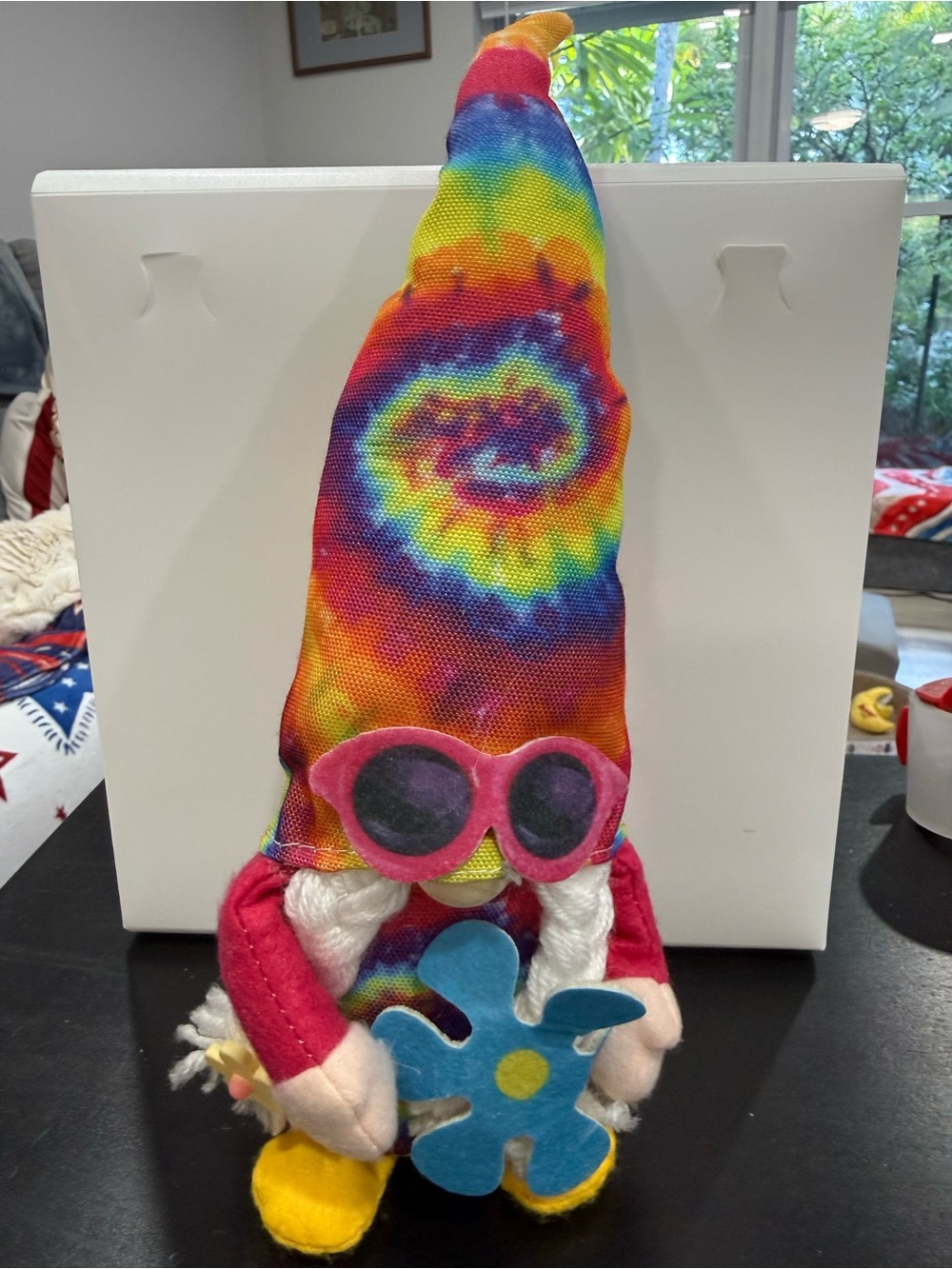 Tie-Dye Gnome Plush Hat with Pink Sunglasses